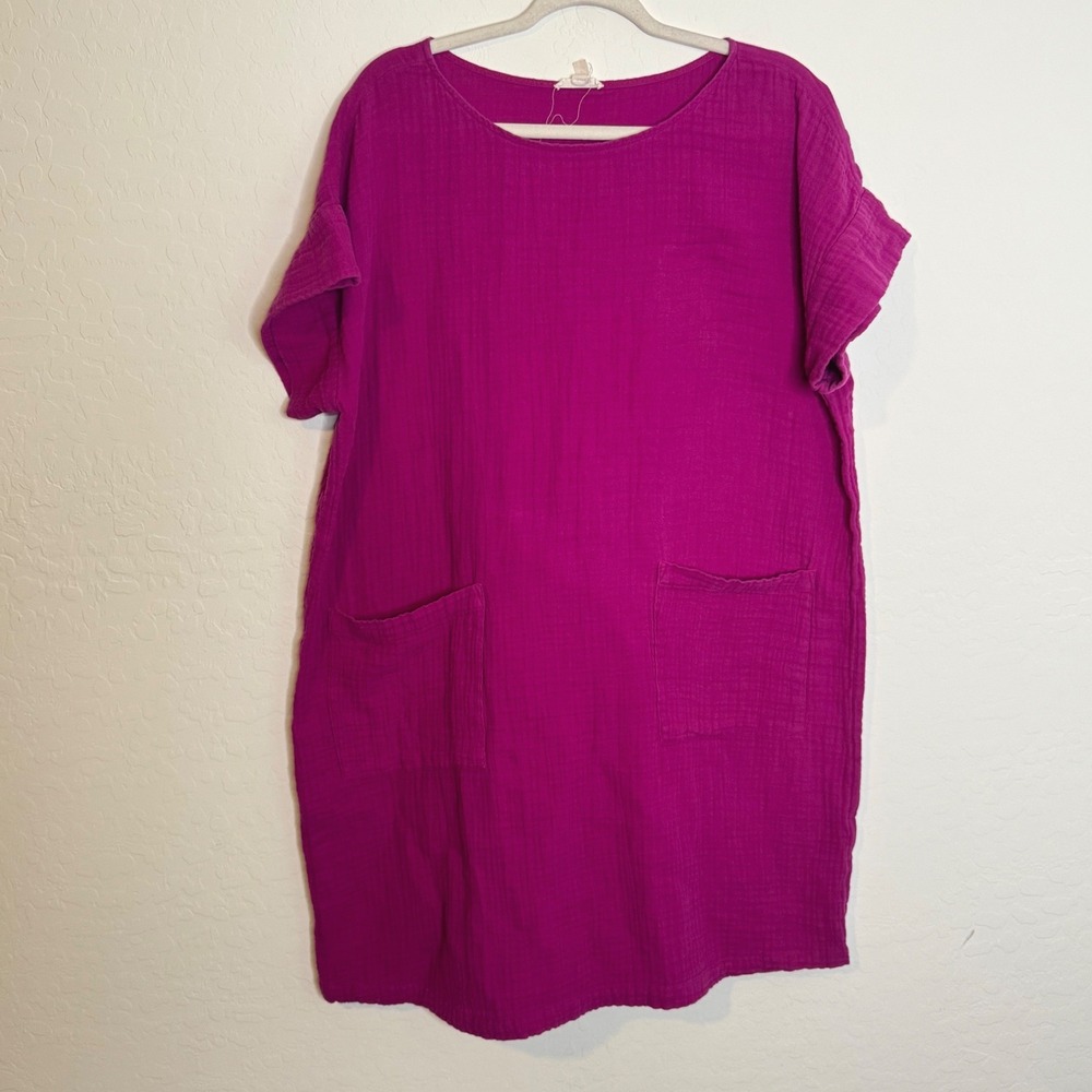 Eileen Fisher Women 100% Organic Cotton Dress XL Magenta Gauze Pockets Lagenlook